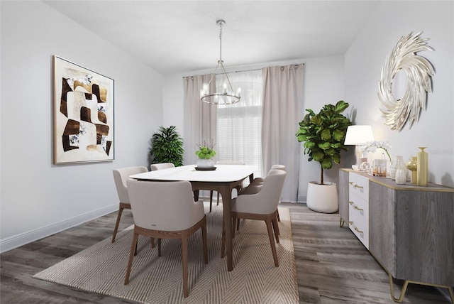 dining room with an inviting chandelier and dark wood-type flooring