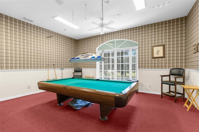 game room with pool table, ceiling fan, and carpet floors