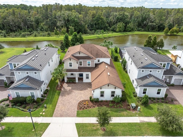 drone / aerial view featuring a water view