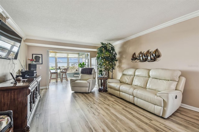 living room featuring a textured ceiling, light wood-type flooring, and crown molding