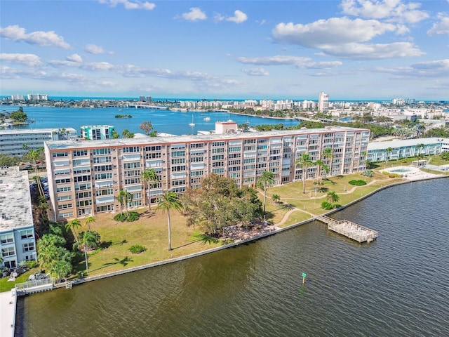 birds eye view of property featuring a water view