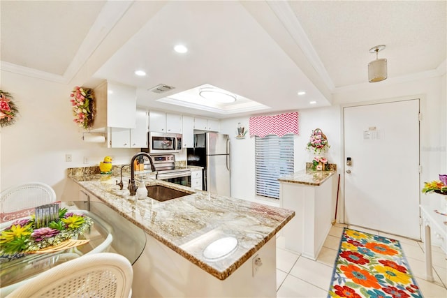 kitchen featuring light stone countertops, kitchen peninsula, sink, and stainless steel appliances