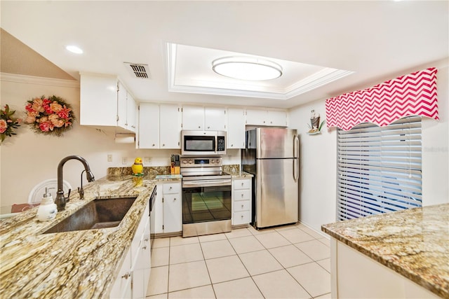 kitchen with appliances with stainless steel finishes, light stone counters, a tray ceiling, sink, and white cabinets