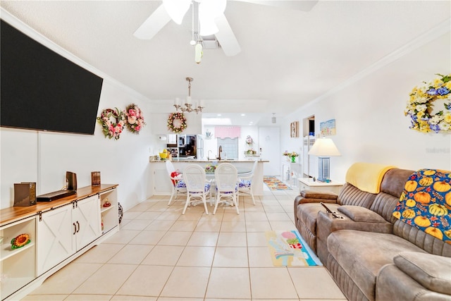 living room featuring crown molding, light tile patterned floors, and ceiling fan with notable chandelier