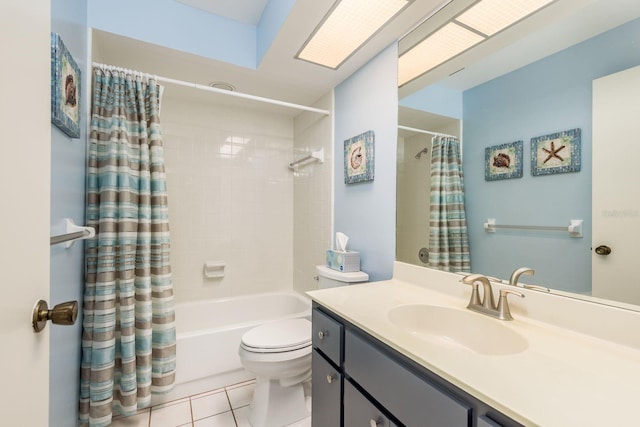 full bathroom with shower / tub combo, tile patterned floors, vanity, and toilet