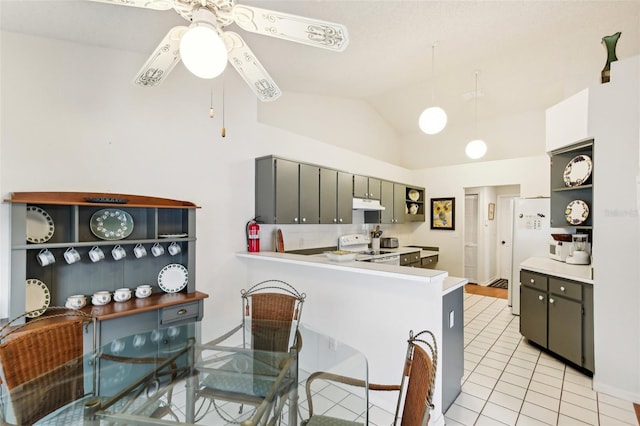 kitchen featuring ceiling fan, lofted ceiling, kitchen peninsula, gray cabinets, and white electric stove