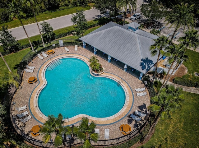 view of pool featuring a patio area and a yard