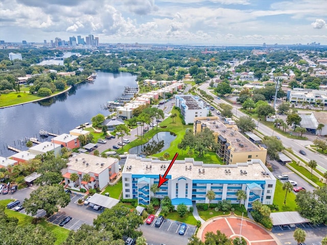 drone / aerial view featuring a water view