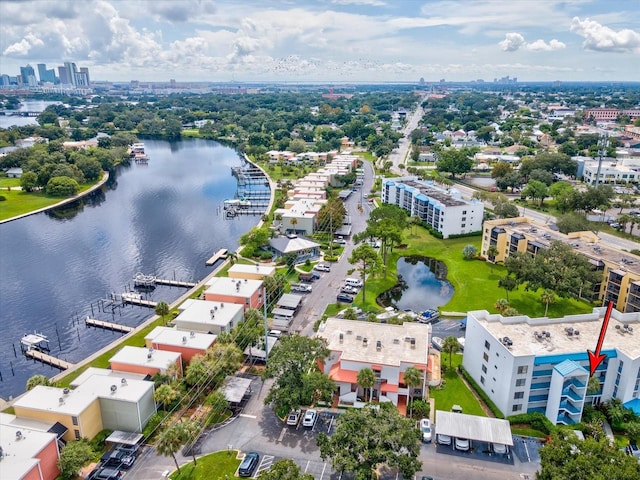 drone / aerial view with a water view