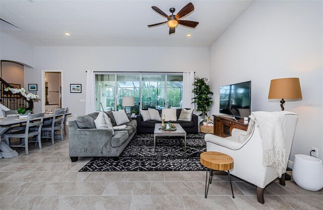 living room featuring ceiling fan