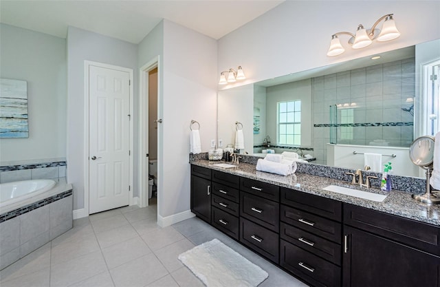 full bathroom featuring plus walk in shower, tile patterned flooring, vanity, and toilet