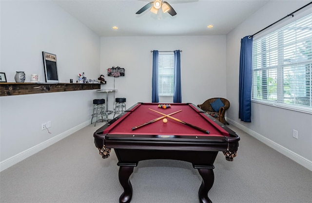 rec room featuring ceiling fan, carpet floors, and pool table