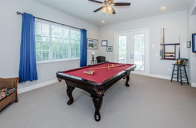 playroom with ceiling fan, french doors, carpet floors, and pool table