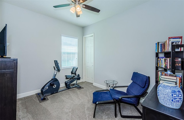 exercise room with carpet flooring and ceiling fan