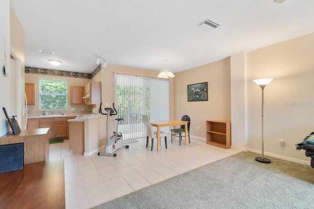 kitchen with light brown cabinets, track lighting, decorative light fixtures, sink, and light carpet