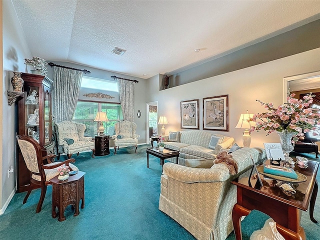 living room featuring lofted ceiling, a textured ceiling, and carpet floors