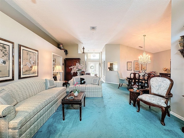 carpeted living room with a textured ceiling, vaulted ceiling, and a chandelier