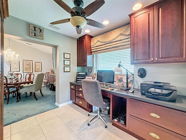 tiled office featuring a textured ceiling, vaulted ceiling, and ceiling fan with notable chandelier