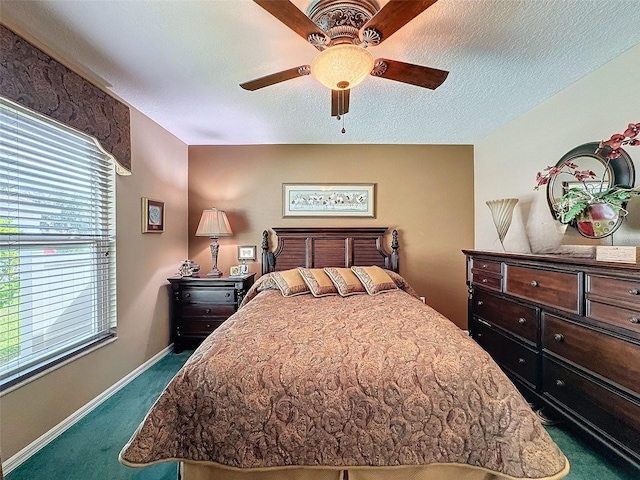 bedroom with ceiling fan, a textured ceiling, and dark colored carpet