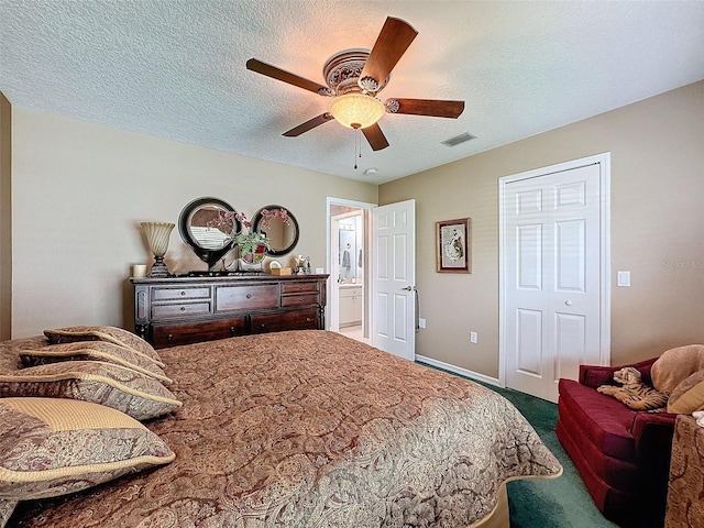 bedroom with a closet, a textured ceiling, carpet floors, and ceiling fan