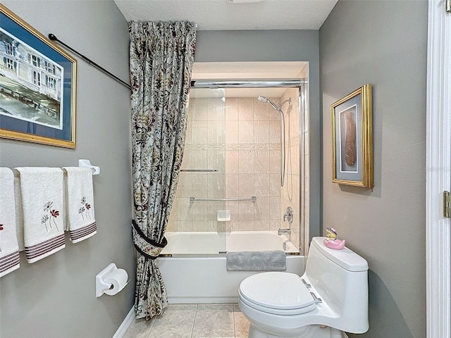 bathroom featuring shower / bath combo with shower curtain, toilet, and tile patterned flooring