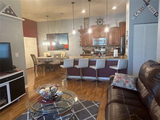 living room with dark hardwood / wood-style flooring