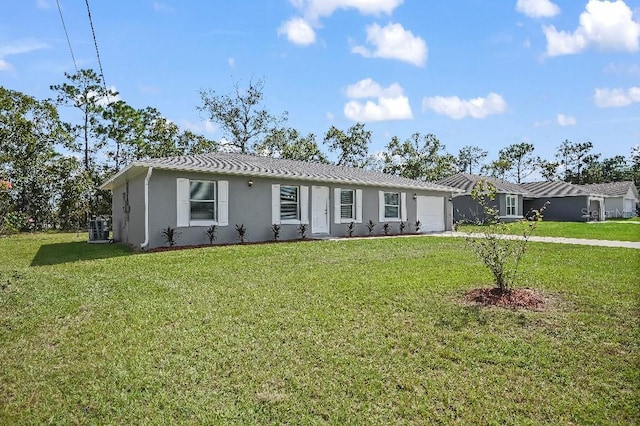 single story home with a garage, central AC unit, and a front lawn