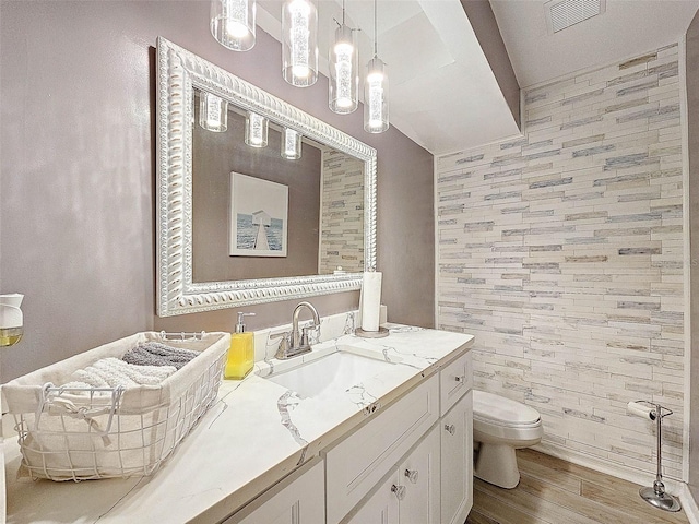 bathroom featuring vanity, toilet, and hardwood / wood-style flooring