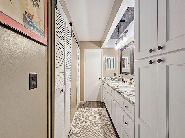 bathroom featuring vanity and hardwood / wood-style floors