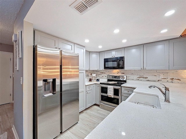 kitchen with visible vents, gray cabinets, a sink, tasteful backsplash, and stainless steel appliances