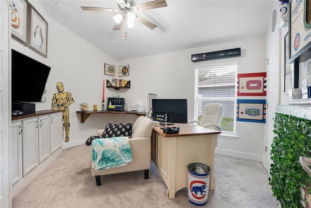 office featuring ceiling fan, light carpet, and plenty of natural light