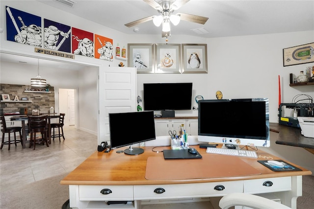 tiled office with ceiling fan