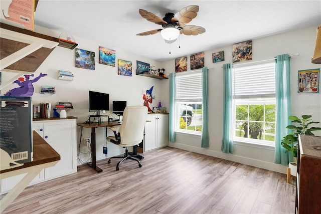 office featuring ceiling fan and light hardwood / wood-style flooring