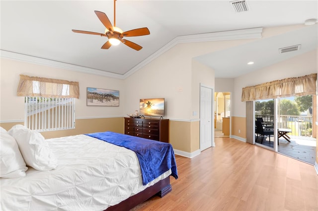 bedroom with ceiling fan, hardwood / wood-style floors, lofted ceiling, access to outside, and ornamental molding