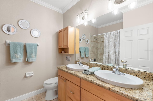 bathroom featuring vanity, crown molding, tile patterned flooring, curtained shower, and toilet