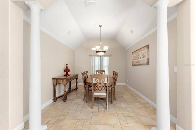 dining space featuring a chandelier, decorative columns, lofted ceiling, ornamental molding, and light tile patterned floors