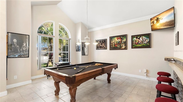 playroom with high vaulted ceiling, pool table, and light tile patterned floors