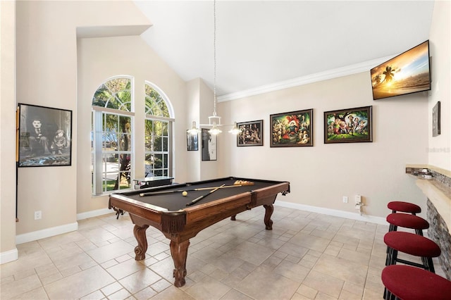 recreation room with high vaulted ceiling and pool table