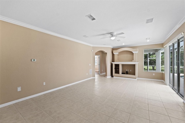 unfurnished living room with light tile patterned floors, ornamental molding, and ceiling fan