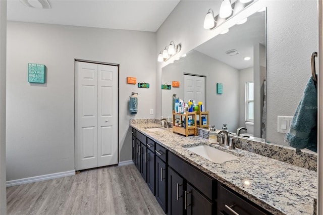 bathroom with wood-type flooring, vanity, and vaulted ceiling