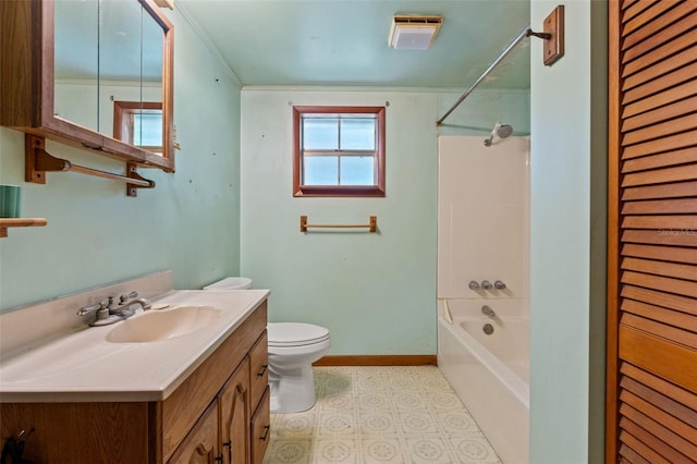 full bathroom with bathtub / shower combination, vanity, and toilet