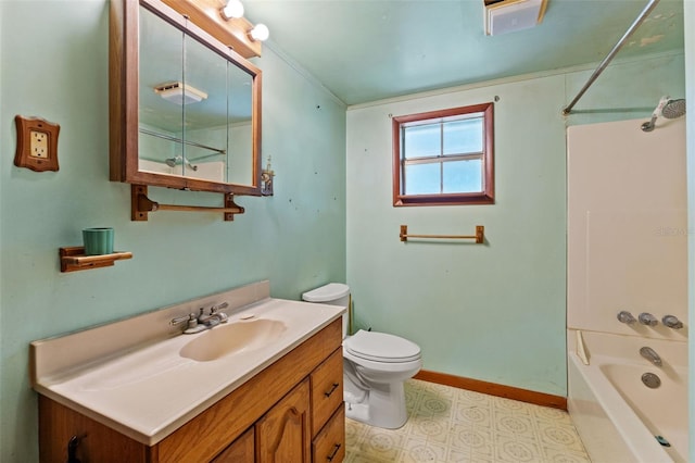 full bathroom with vanity, toilet, shower / bath combination, and ornamental molding