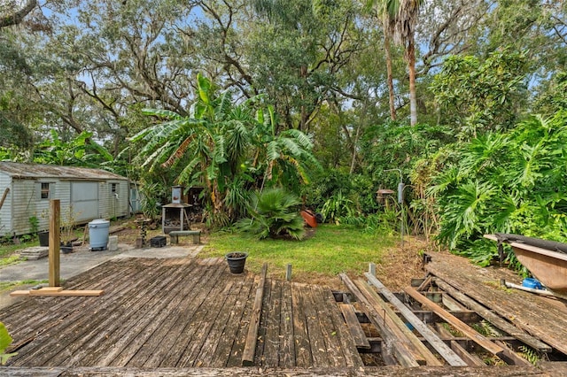 view of yard featuring a shed and a wooden deck