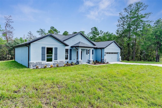 view of front of property featuring central air condition unit, a front yard, and a garage