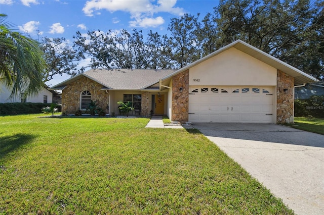 single story home with a front yard and a garage