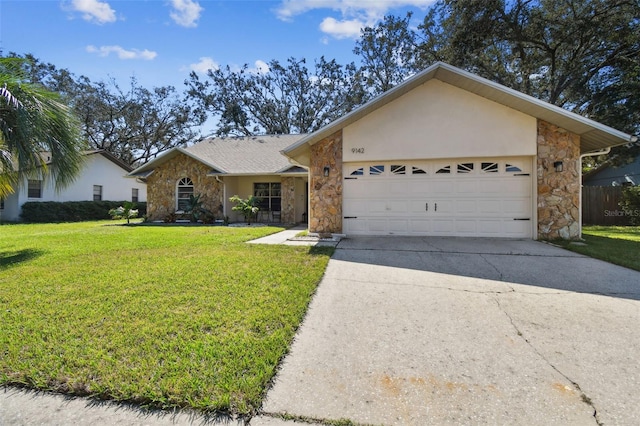 ranch-style house with a front lawn and a garage