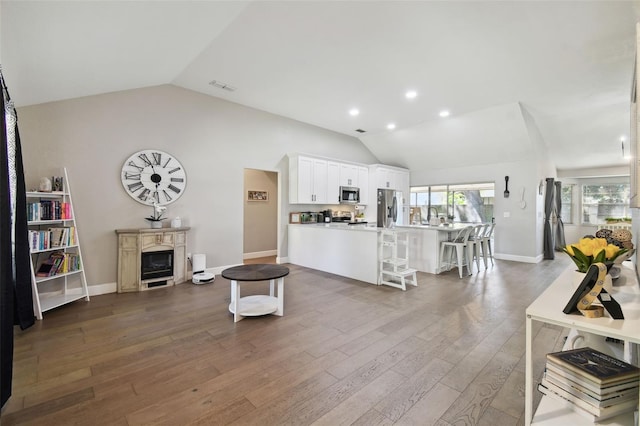 living room with lofted ceiling and dark wood-type flooring