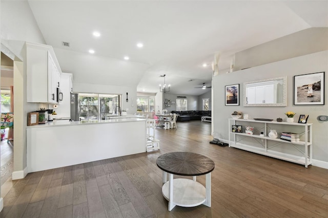 kitchen with vaulted ceiling, dark hardwood / wood-style flooring, and white cabinetry