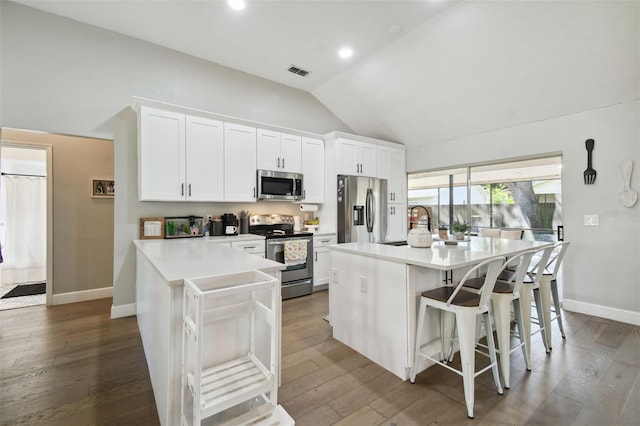 kitchen with vaulted ceiling, dark hardwood / wood-style floors, appliances with stainless steel finishes, and white cabinetry