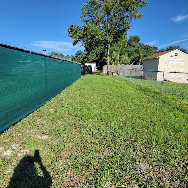 view of yard featuring a storage unit